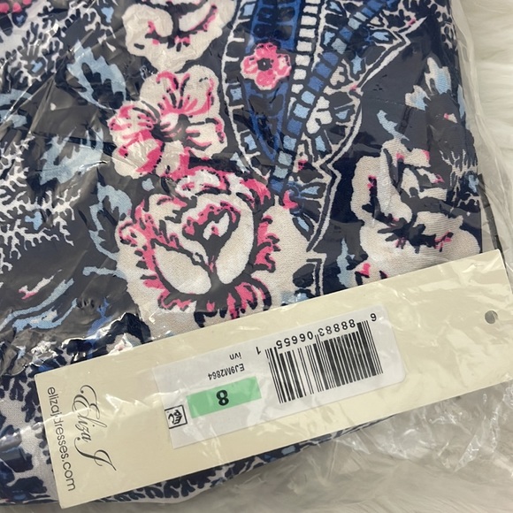 ELIZA J Print Bateau Neck Shift Dress In Ivory/ Navy - Picture 3 of 4